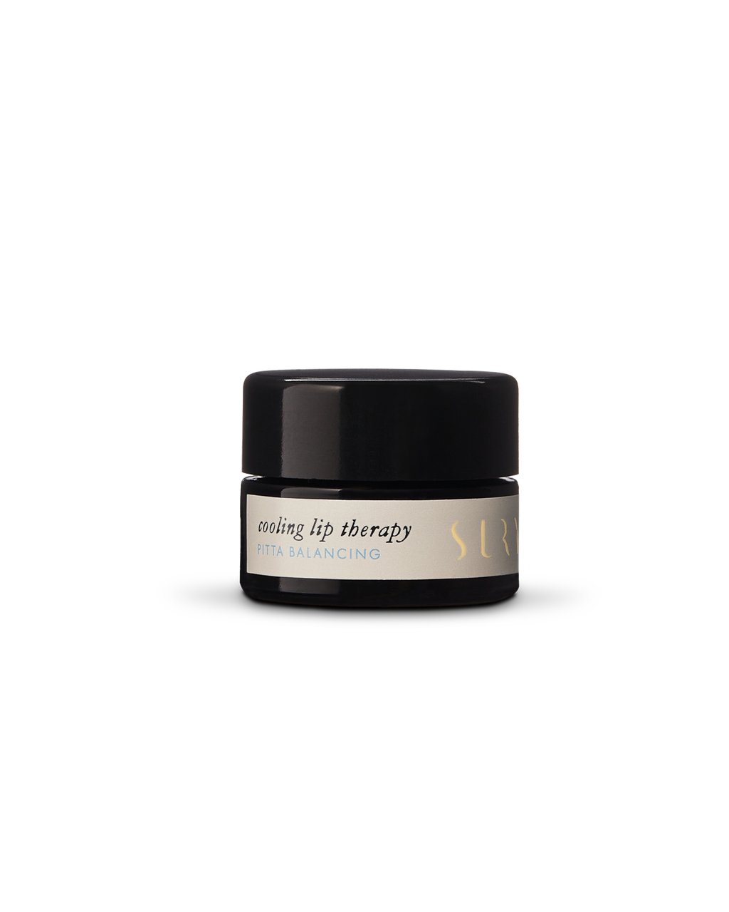 A small black jar with a beige label reading "Surya Cooling Lip Therapy" sits on a plain white background—an Ayurvedic lip balm by Surya designed for cooling lip therapy.