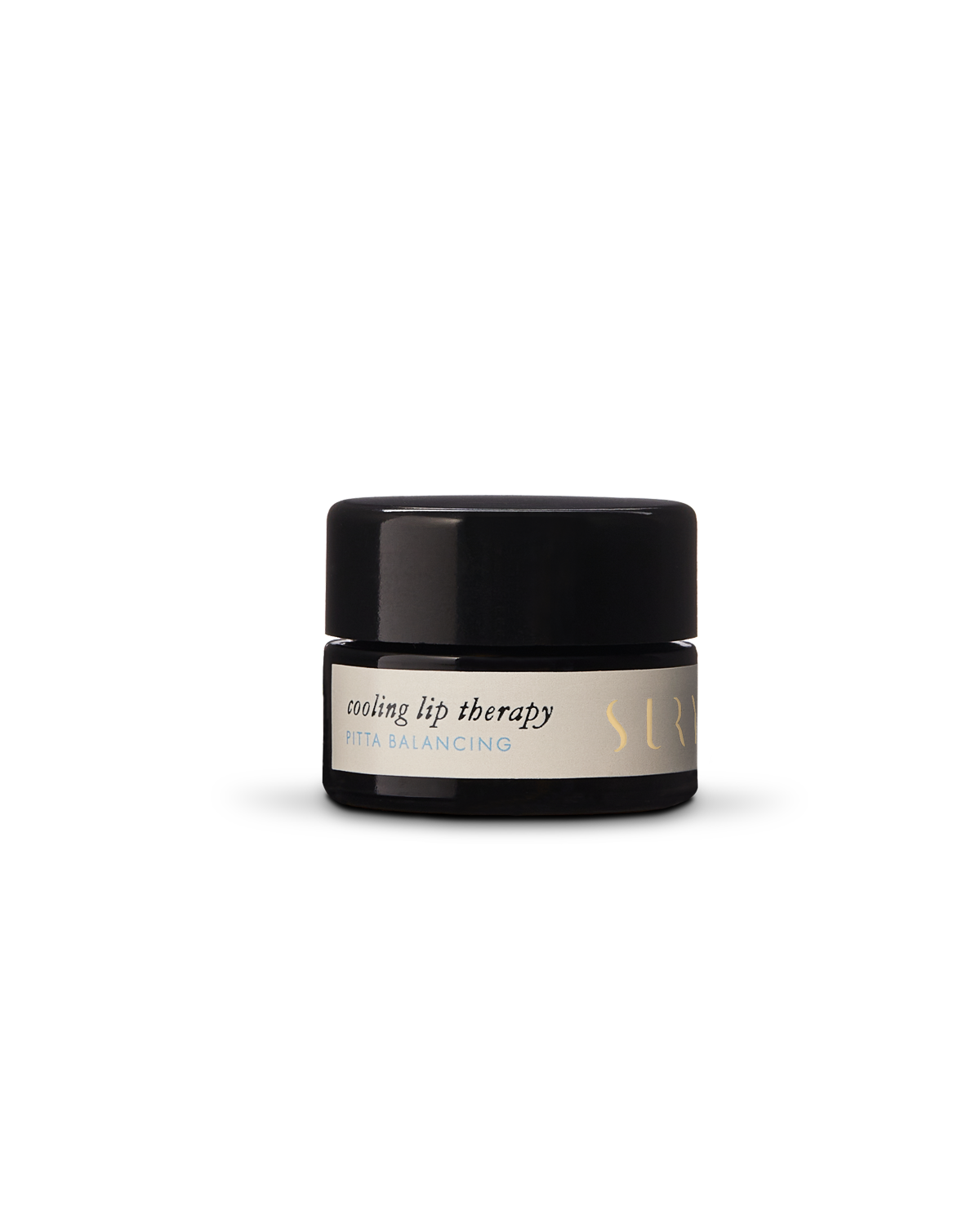 A small black jar with a beige label reading "Surya Cooling Lip Therapy" sits on a plain white background—an Ayurvedic lip balm by Surya designed for cooling lip therapy.