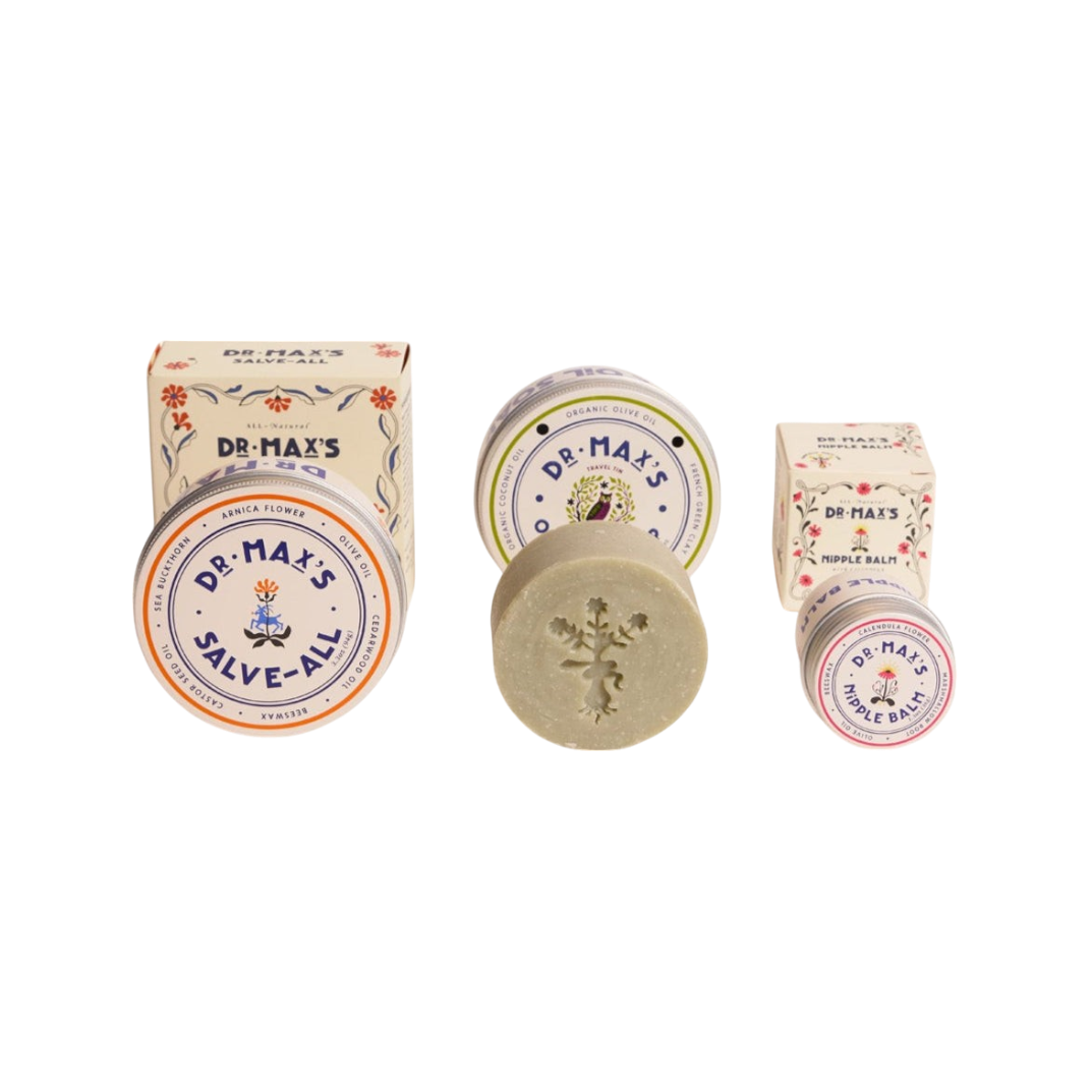 Dr. Max's Adult Essentials Bundle includes Salve-All, Olive Oil Soap, and Nipple Balm—each in charming vintage-inspired packaging with their boxes.