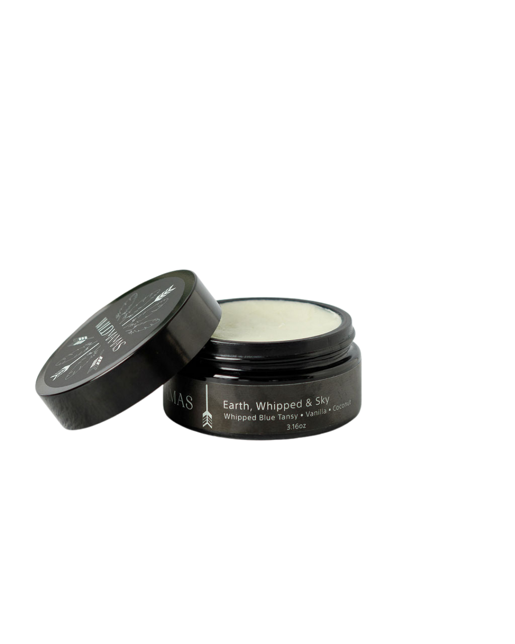 An open jar of Wild Mamas Earth, Whipped & Sky 3.16oz Wild Bison Tallow Balm (Whipped) sits with its lid beside it, against a plain white background—ideal for rosacea-prone skin.