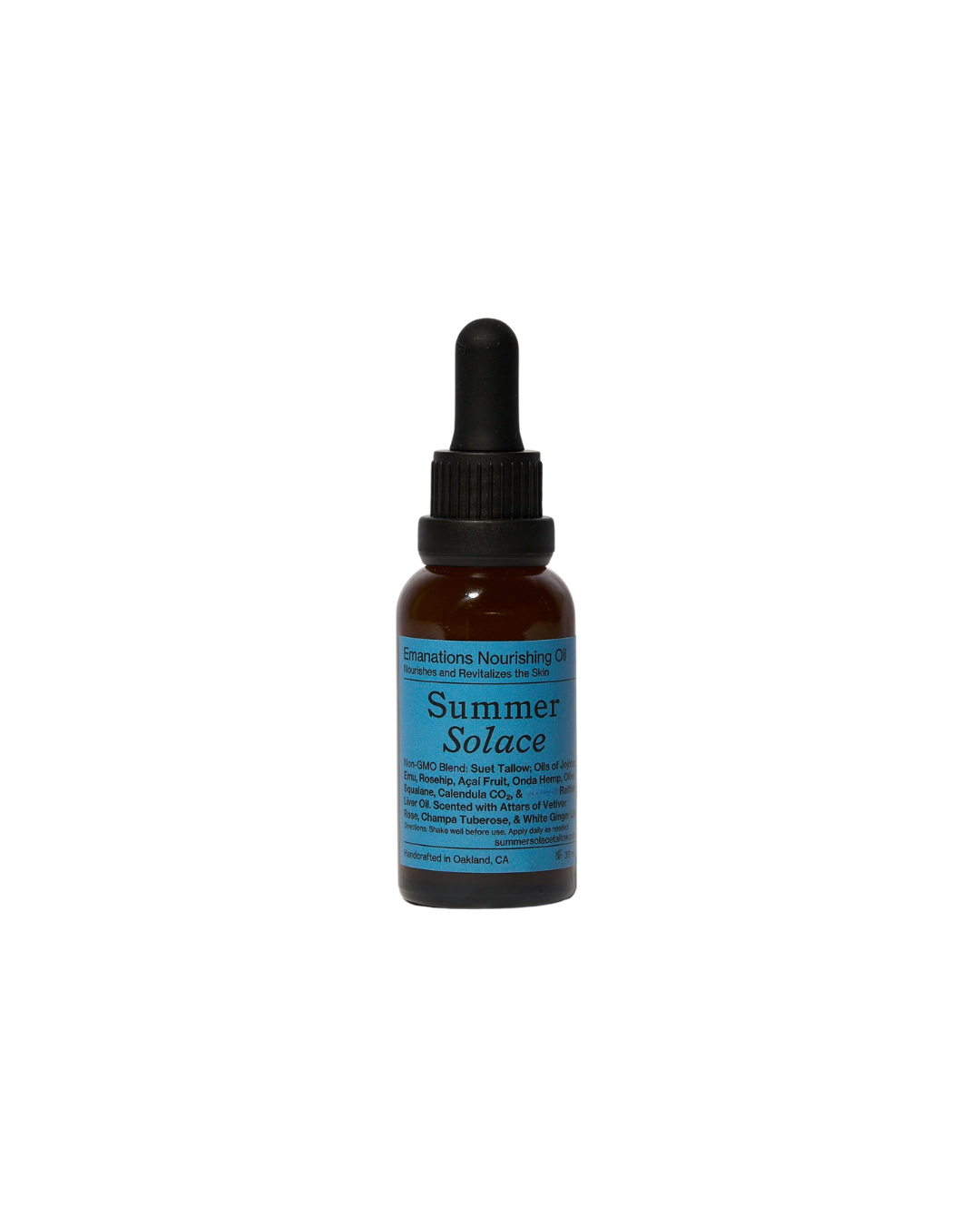 A small amber glass dropper bottle with a black cap and blue label reading "Summer Solace Tallow" stands upright on a white background. The label describes it as Emanations Profound Face Oil with tallow, emu oil, champa, tuberose & white ginger lily.