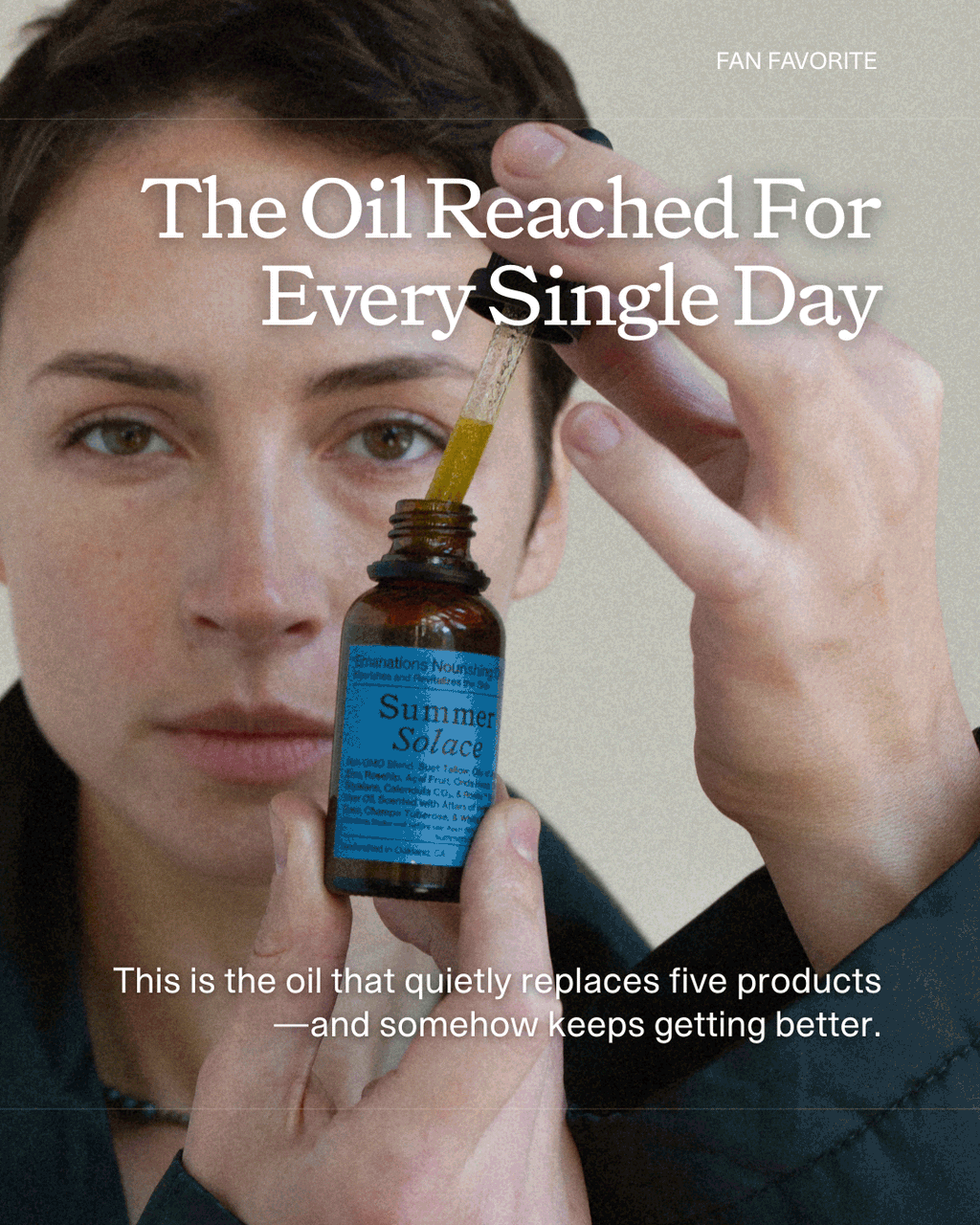 A person holds up a dropper and a brown bottle labeled “Summer Solace Tallow” Emanations Profound Face Oil—deeply nourishing tallow, emu oil, champa, tuberose & white ginger lily. The softly blurred background highlights this everyday essential.