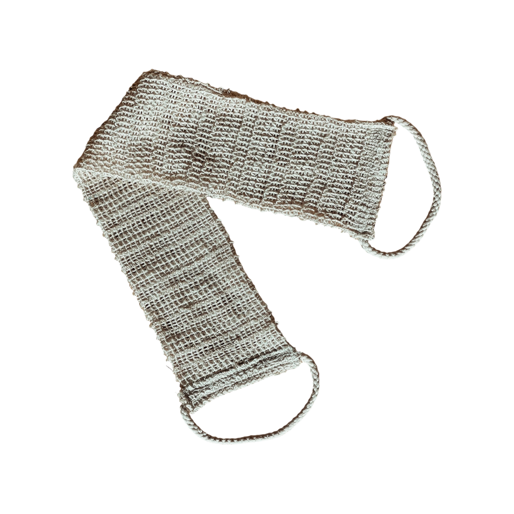 THE BACK BODY SCRUBBER by LENI is a textured, rectangular scrubber with handles on each end, crafted from woven natural fibers for dry scrubbing and promoting lymphatic drainage. Shown laid out on a white background.