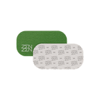 Two rounded rectangular patches overlap: a green patch with white "ZEN" (Zenzentape) logo and another with a repeating grey "ZEN" pattern on white. Both represent the Evergreen Mouthtape, designed for comfortable nasal breathing. Background is plain white.