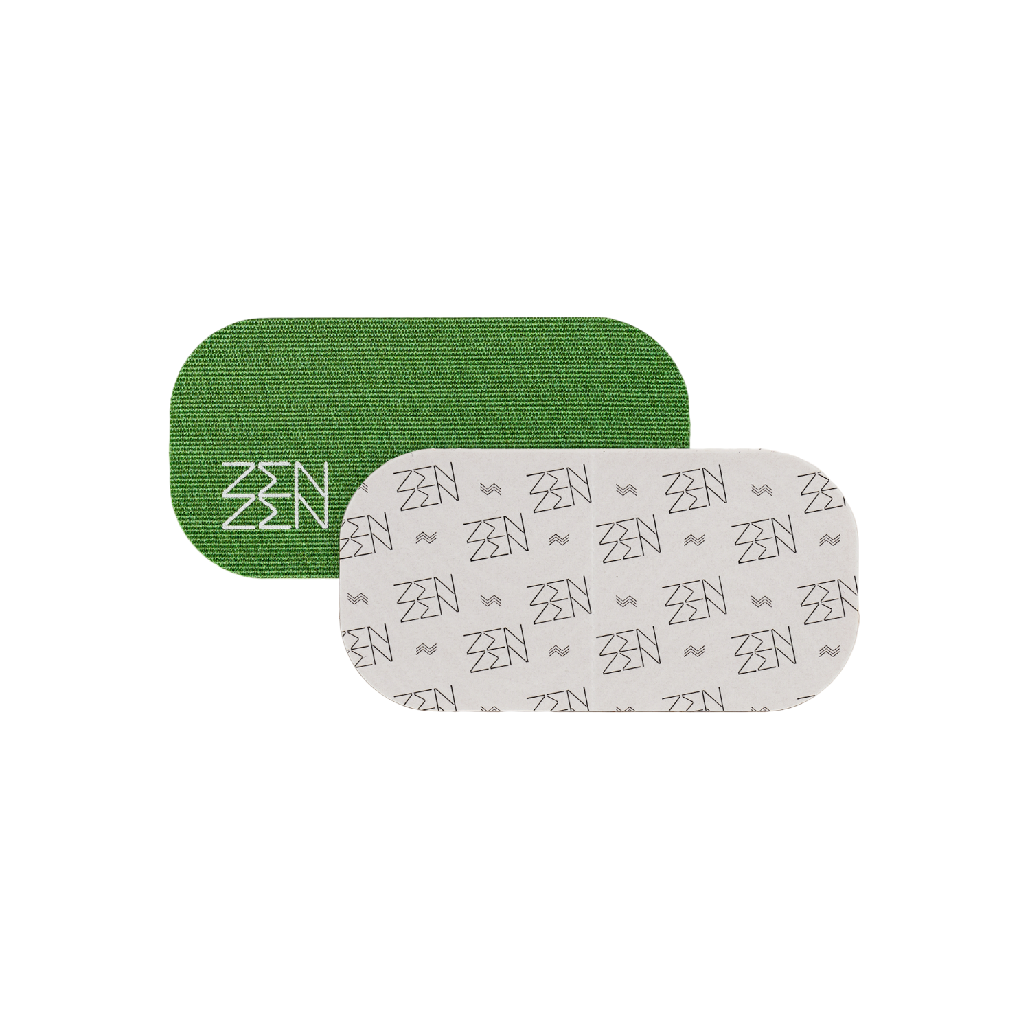Evergreen Mouthtape by Zenzentape features two rectangular patches with rounded edges—one green with a white zigzag "ZEN" pattern, the other white with a gray "ZEN" design—ideal for nasal breathing and snoring prevention.