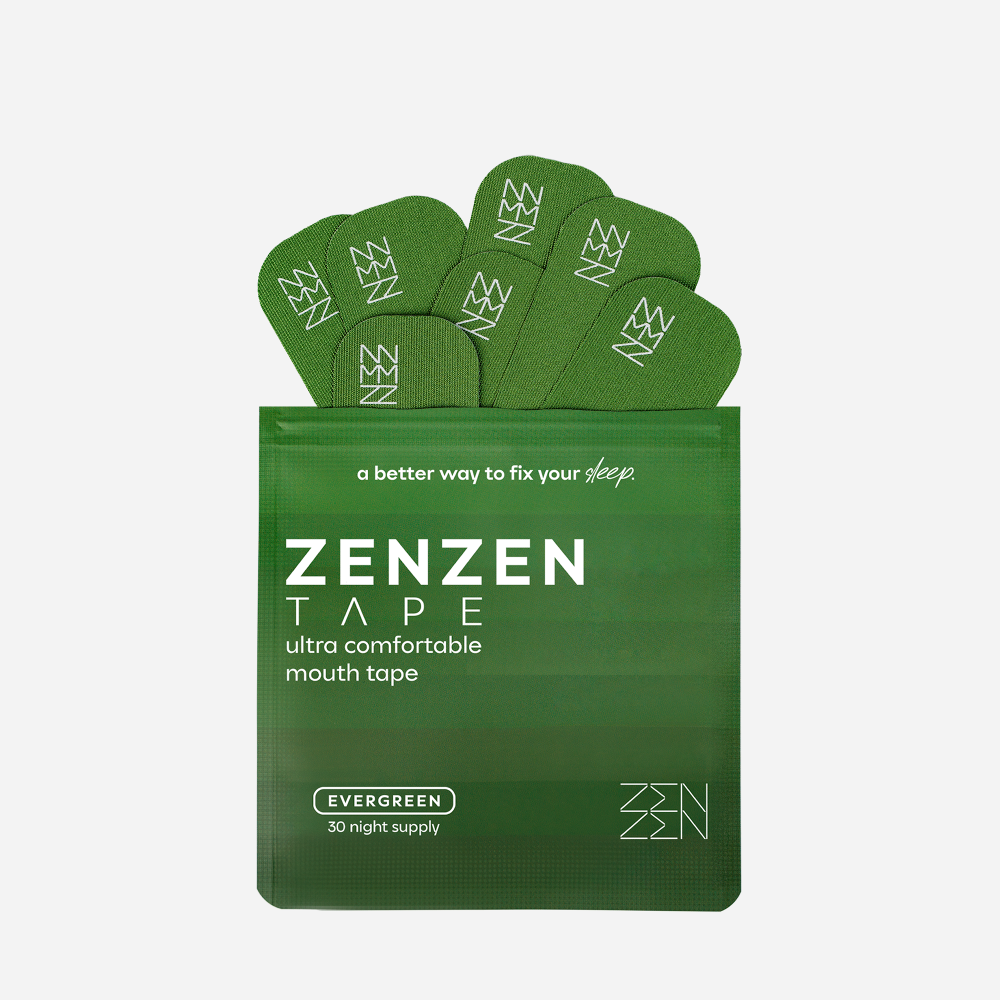 A green packet labeled "Zenzentape Evergreen Mouthtape" with four bamboo sleep tape strips partially sticking out reads "a better way to fix your sleep" and "EVERGREEN 30 night supply.