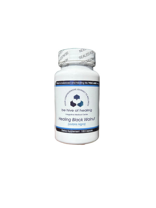 A white bottle labeled "Be Hive of Healing Wellness Store" and "Healing Black Walnut - Intestinal Support and Anti-Parasite Supplement" natural solution dietary supplement with 100 capsules. The bottle features a white cap with a protective seal, and the label includes blue and black text alongside a hexagonal logo.