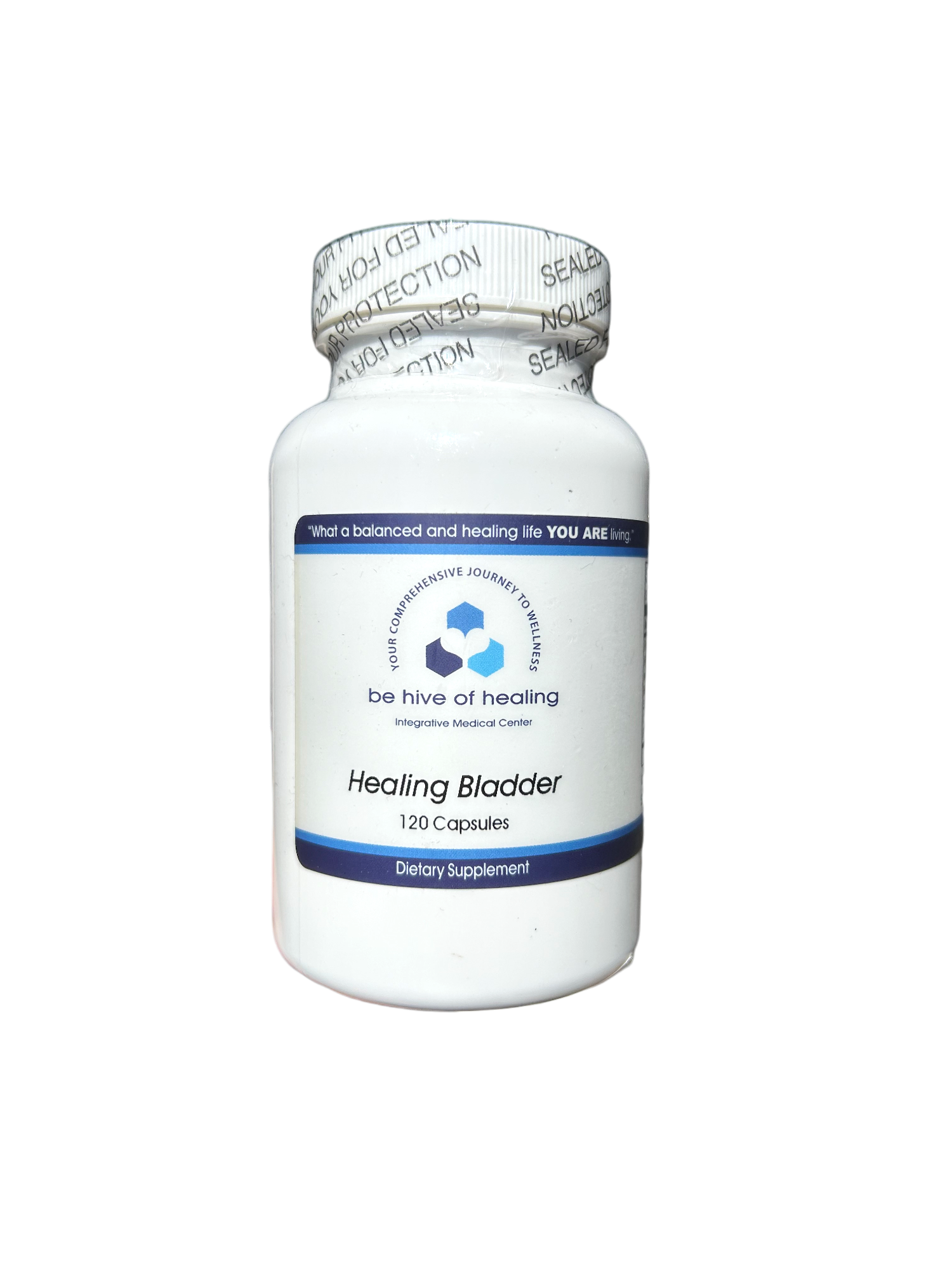 A white bottle labeled "Healing Bladder - UTI Support Supplement" from the "Be Hive of Healing Wellness Store" contains 120 capsules. The blue and white branding indicates its purpose as a dietary supplement aimed at alleviating frequent urination. The bottle is sealed with security tape for your safety.