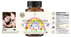 A brown supplement bottle labeled "Itchies & Sneezies - Allergy & Immune Blend KIDS" by Wild Mamas features children's rainbow, flowers, and butterflies artwork, whole-food nutrition highlights, supplement facts, and a child-parent photo.