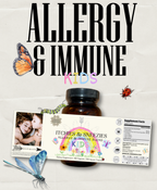 A bottle of Wild Mamas Itchies & Sneezies - Allergy & Immune Blend is shown with a butterfly, dragonfly, and ladybug. The label promotes whole-food nutrition and features “Allergy & Immune Kids” in bold text above.