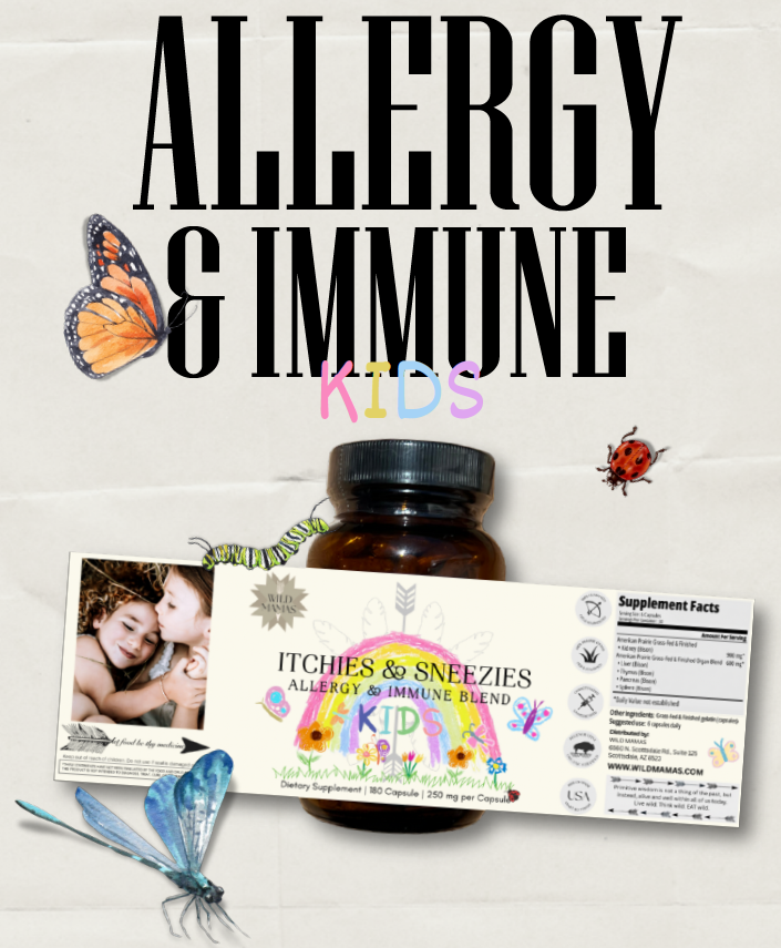 A bottle of Wild Mamas Itchies & Sneezies - Allergy & Immune Blend is shown with a butterfly, dragonfly, and ladybug. The label promotes whole-food nutrition and features “Allergy & Immune Kids” in bold text above.