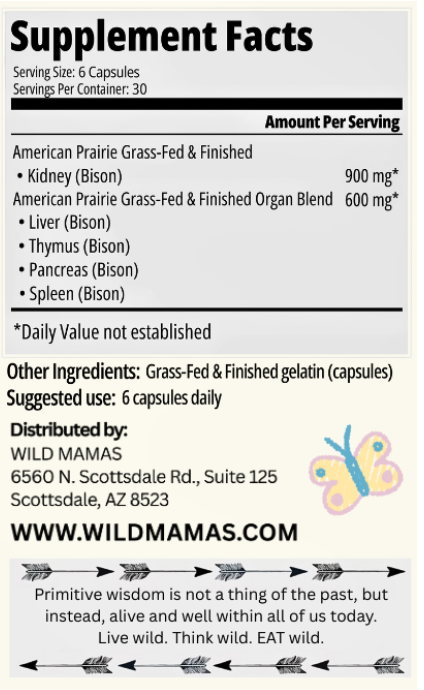 Supplement Facts label for Wild Mamas Itchies & Sneezies - Allergy & Immune Blend capsules, featuring whole-food nutrition. Serving size: 6 capsules; 30 servings per container. Includes dosage info, website, and motivational quote.