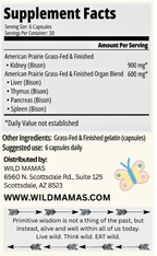 Supplement Facts label for Wild Mamas Itchies & Sneezies - Allergy & Immune Blend capsules, featuring whole-food nutrition. Serving size: 6 capsules; 30 servings per container. Includes dosage info, website, and motivational quote.