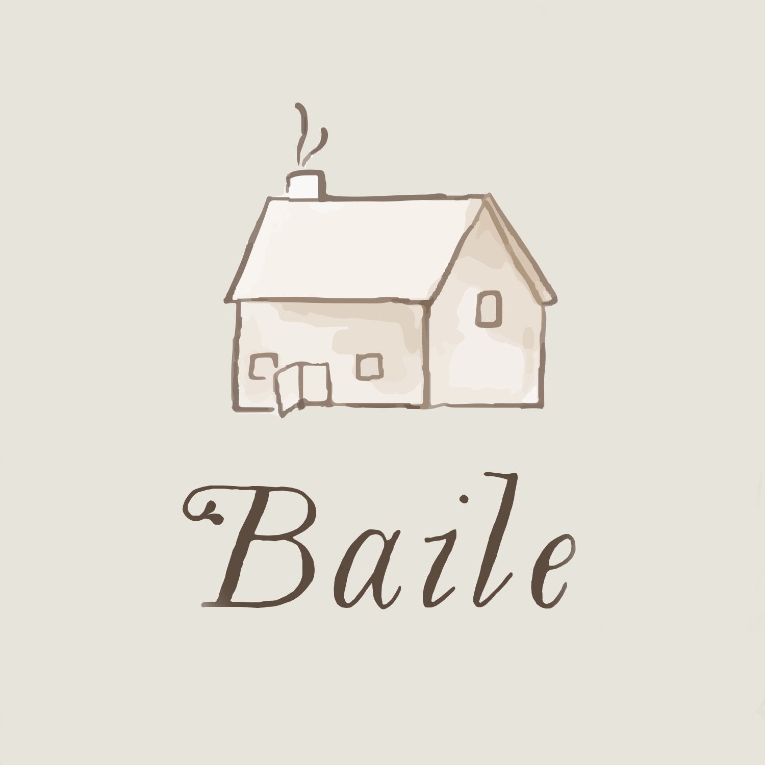 A charming, hand-drawn house with a smoking chimney sits above "Baile" in elegant script on a light beige background—this Digital Gift Card is perfect for mindful shopping or giving thoughtful gifts from Baile.