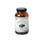 A brown jar labeled "Family Multi-Wild Bison Organ Blend" by Wild Mamas contains dietary supplement capsules with wild bison organs for a whole food multivitamin. The label features a bison illustration on a white background.