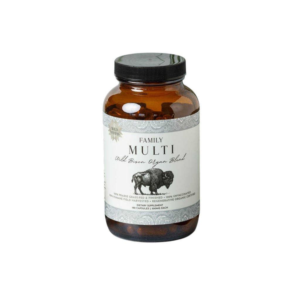 A brown jar labeled "Family Multi-Wild Bison Organ Blend" by Wild Mamas contains dietary supplement capsules with wild bison organs for a whole food multivitamin. The label features a bison illustration on a white background.
