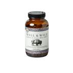 A brown glass jar labeled "Wild Mamas Well and Wild- Histamine and Immune Bison Organ Blend" features a bison illustration. This grass-fed, organic blend is ideal for histamine intolerance and DAO enzyme support.