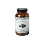 A clear jar with a black lid labeled "Man - Wild Bison Testicle Organ Blend" by Wild Mamas. The label shows a bison, describing this wild-harvested, regenerative supplement as ideal for natural testosterone support. Brown capsules are visible inside.