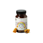 A brown bottle labeled "Wild Mamas Itchies & Sneezies - Allergy & Immune Blend" with yellow flowers on the label provides immune support for kids. Two dried yellow flowers are placed beside the bottle on a white background.