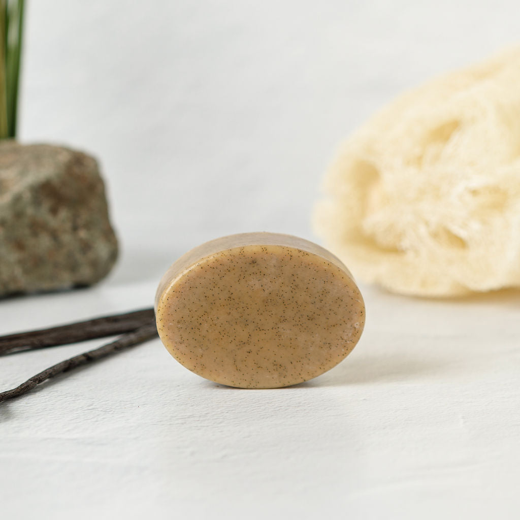 The Wild Mamas Madagascar Vanilla Bean + Manuka Honey Gently Exfoliating Wild Bison Tallow Soap Scrub—a beige oval bar with tiny brown specks—stands upright on a white surface, with a natural sponge, stone, and vanilla beans in the background.