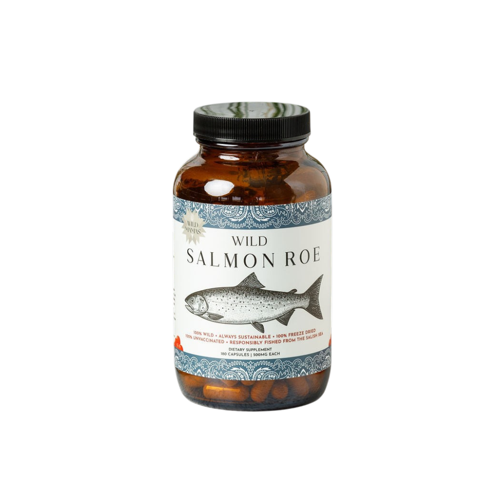 A brown glass jar from Wild Mamas labeled "Wild Salmon Roe" with a fish illustration and blue border sits on a white background, holding bright orange freeze dried salmon roe rich in omega-3 fatty acids.