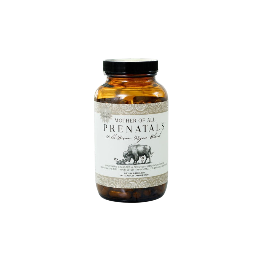 A brown glass bottle labeled "Mother of All Prenatals" by Wild Mamas, with a cow and calf illustration, contains a prenatal supplement rich in bioavailable nutrients and features a black cap and white label with black text.