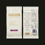 Front and back of The Jacob Bar by Jacob in berry flavor. Packaging spotlights 20g grass-fed protein, no seed oils, nothing artificial, organic honey. Honey-sweetened bar with visible nutrition facts and ingredients.
