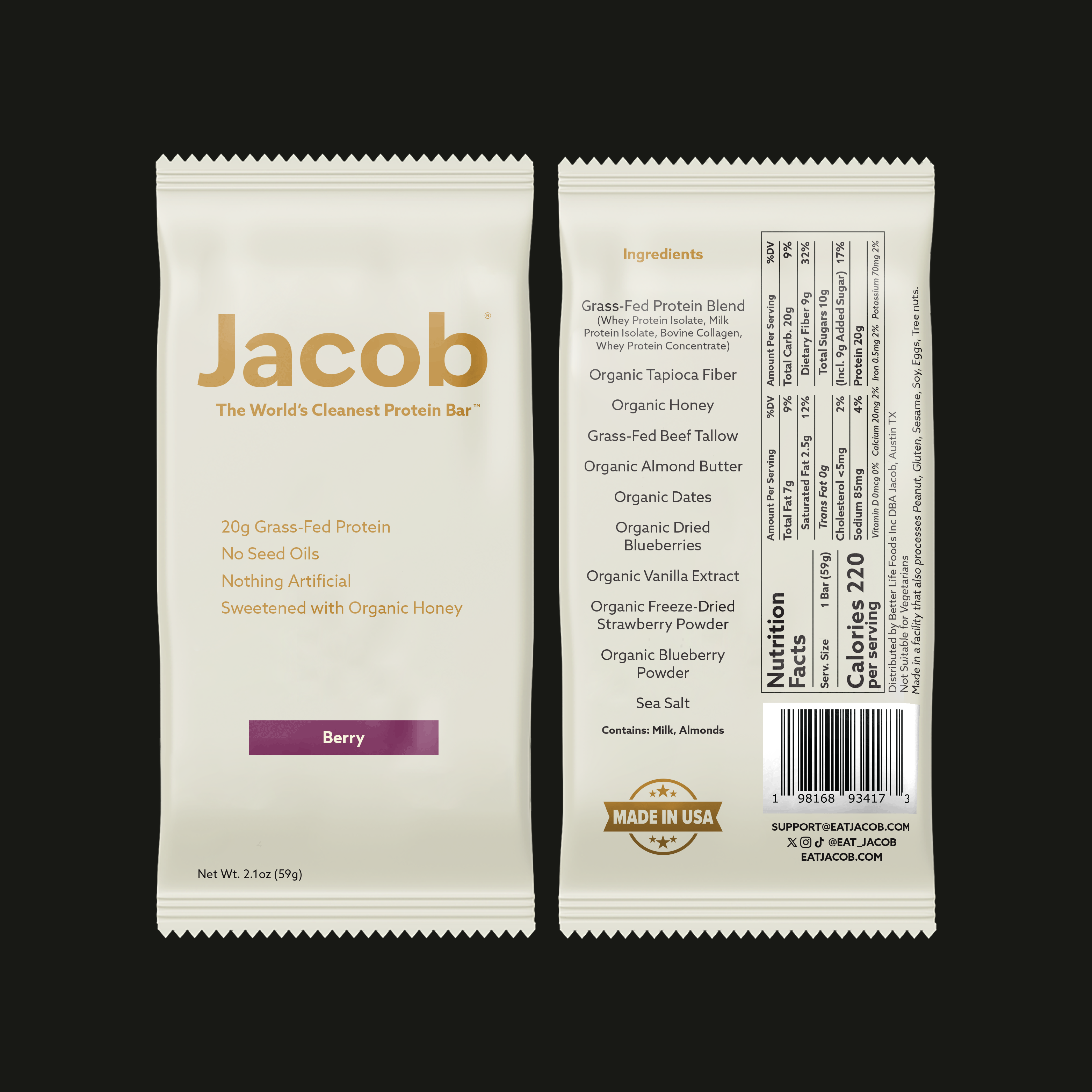 Front and back of The Jacob Bar by Jacob in berry flavor. Packaging spotlights 20g grass-fed protein, no seed oils, nothing artificial, organic honey. Honey-sweetened bar with visible nutrition facts and ingredients.