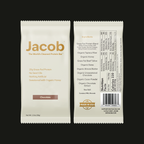 Front and back of The Jacob Bar (Jacob) wrapper, highlighting 20g protein, no seed oils, organic honey, clean ingredients, and collagen; nutrition facts and full ingredient list shown on the reverse.