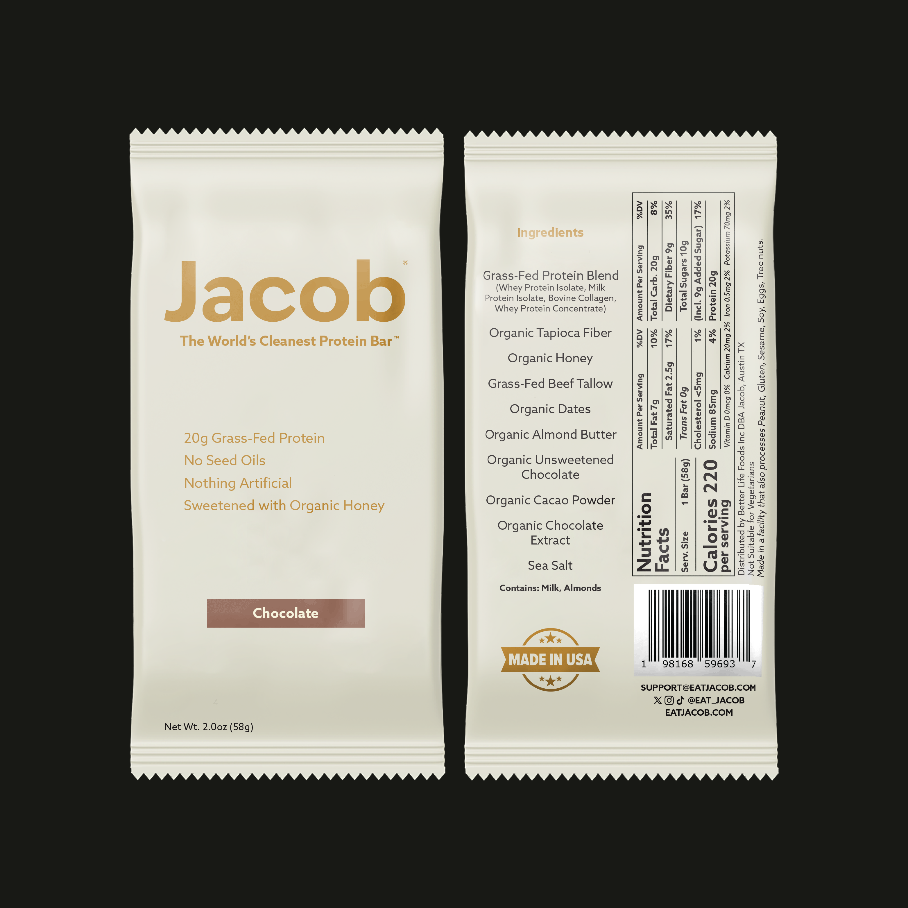 Front and back of The Jacob Bar (Jacob) wrapper, highlighting 20g protein, no seed oils, organic honey, clean ingredients, and collagen; nutrition facts and full ingredient list shown on the reverse.