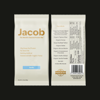 Front and back of The Jacob Bar by Jacob. The front showcases natural ingredients; the back features nutrition info, full ingredients, barcode, and a "Made in USA" badge. The beige minimalist design highlights this vanilla honey protein bar.