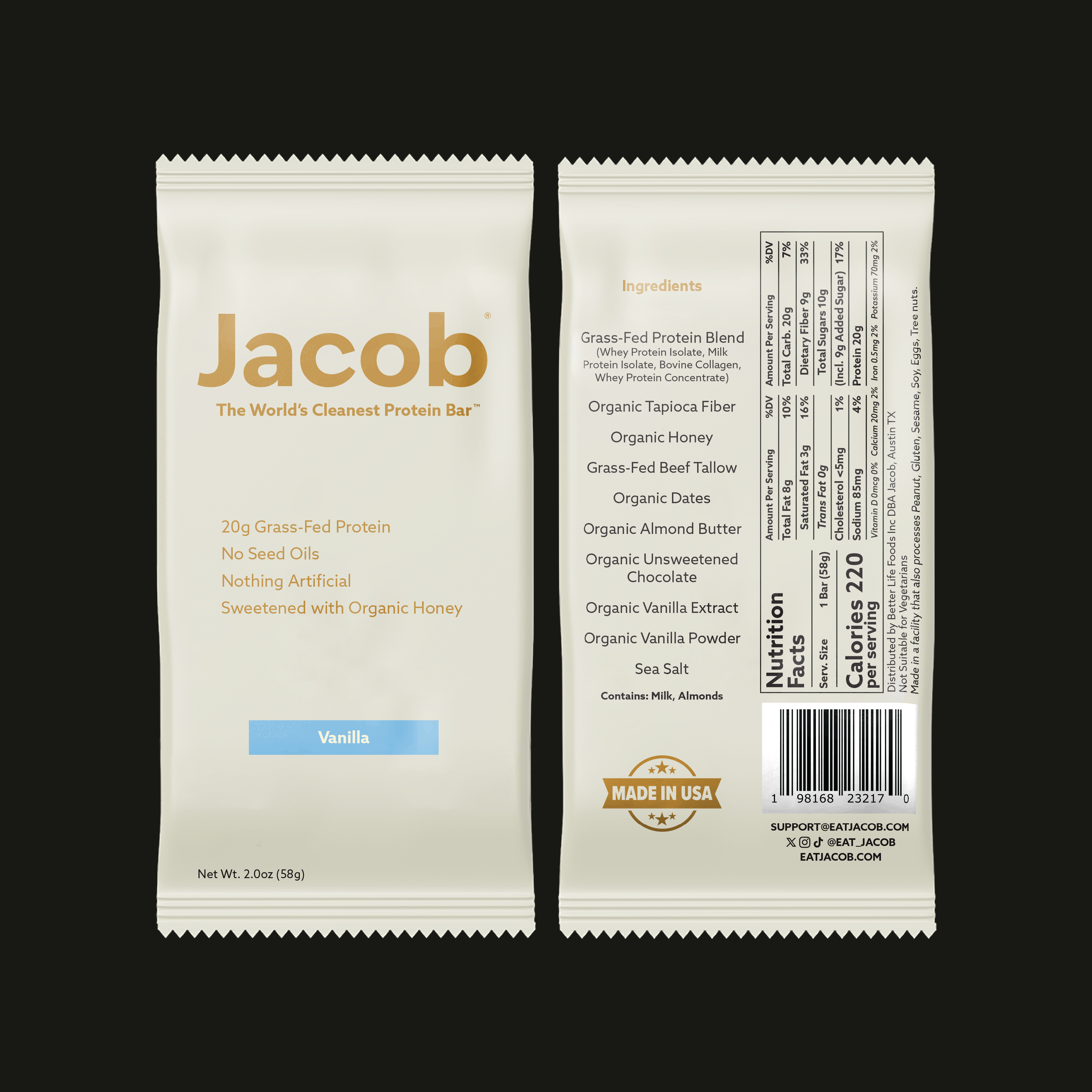 Front and back of The Jacob Bar by Jacob. The front showcases natural ingredients; the back features nutrition info, full ingredients, barcode, and a "Made in USA" badge. The beige minimalist design highlights this vanilla honey protein bar.