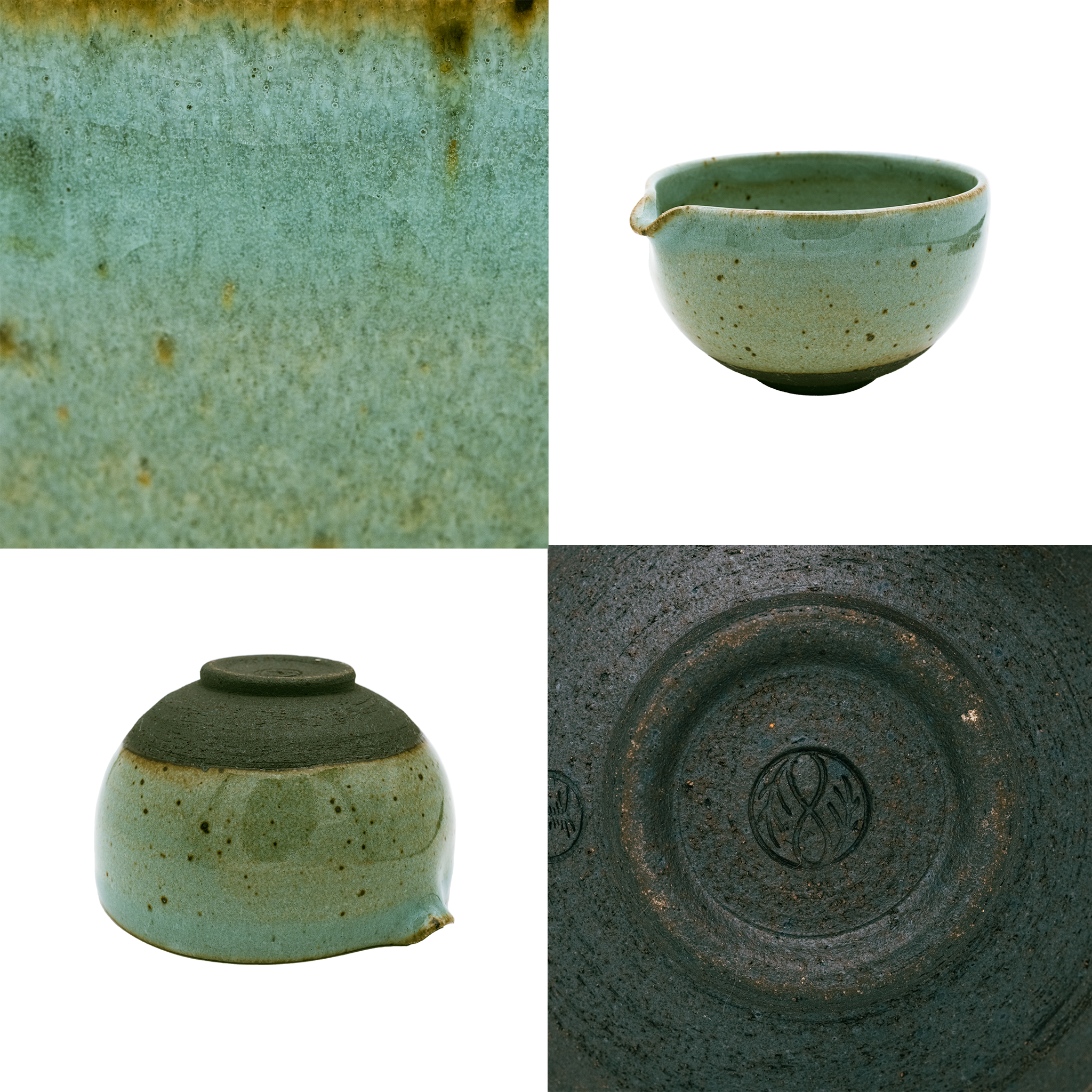 A Katakuchi Matcha Tea Bowl by Chafinity Tea displayed in a four-panel collage. The top-left shows a close-up of its greenish glaze. The top-right features the bowl's side profile with a small spout, ideal for Japanese hospitality. The bottom-left displays the bowl upside down. The bottom-right reveals its base with a maker's mark.