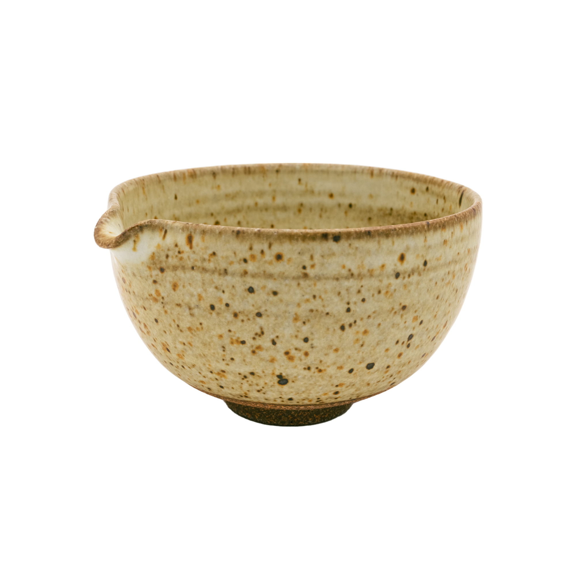 The Katakuchi Matcha Tea Bowl by Chafinity Tea is a beige ceramic piece featuring a small spout on one side, reminiscent of traditional Japanese bowl designs. Its speckled texture and slightly darker rim and interior pattern lend it a rustic charm. Set against a black background, this bowl embodies the essence of Japanese hospitality.