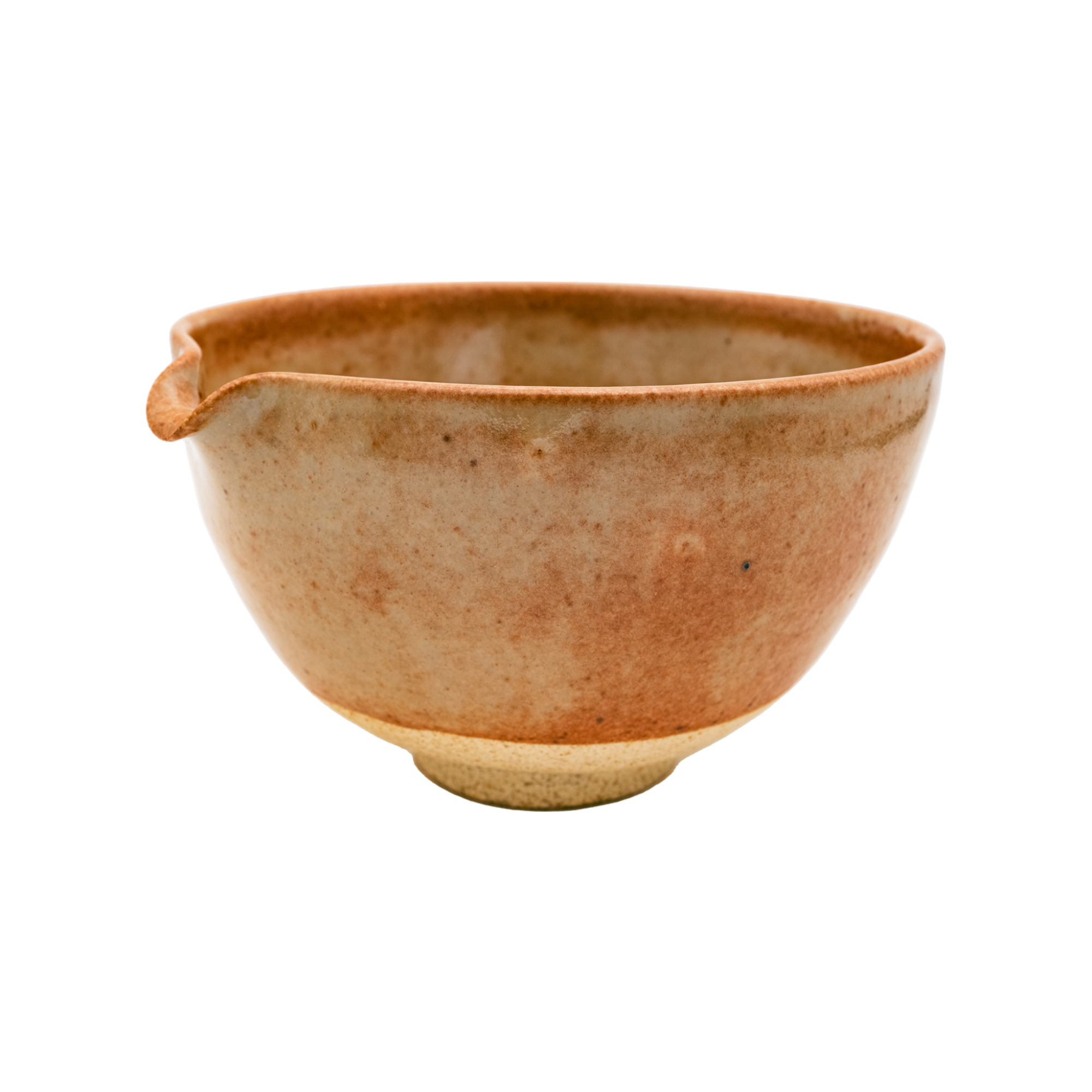 Discover the Katakuchi Matcha Tea Bowl by Chafinity Tea. This ceramic bowl, in earthy tones of brown and beige, features a rounded shape and a smooth, shiny glaze. Its small, subtle spout is ideal for easy pouring. Perfect for enhancing your Chafinity Tea moments against a plain black background.