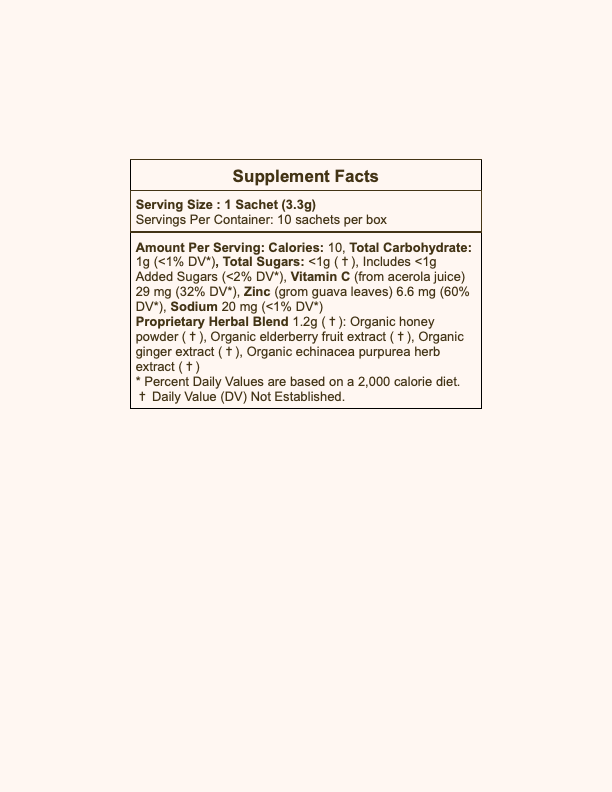 Image of a WOODEN SPOON HERBS Lemon-Ginger Immune Toddy Sachets supplement facts label. The label includes serving size (1 sachet, 3.3g) and servings per container (10 sachets per box). It lists calories, carbohydrates, sugars, sodium, vitamin C, honey powder, elderberry, ginger, and echinacea for immune support with daily values.