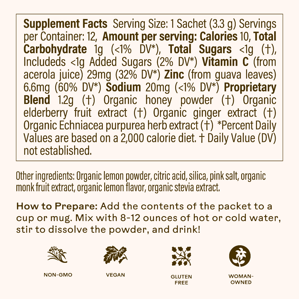 Supplement Facts label for WOODEN SPOON HERBS Lemon-Ginger Immune Toddy powder highlights elderberry and vitamin C for immune support. Includes ingredients, nutrition, daily values, prep steps, non-GMO, vegan, gluten free, woman-owned icons; brown text on beige.