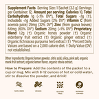 Supplement Facts label for WOODEN SPOON HERBS Lemon-Ginger Immune Toddy powder highlights elderberry and vitamin C for immune support. Includes ingredients, nutrition, daily values, prep steps, non-GMO, vegan, gluten free, woman-owned icons; brown text on beige.
