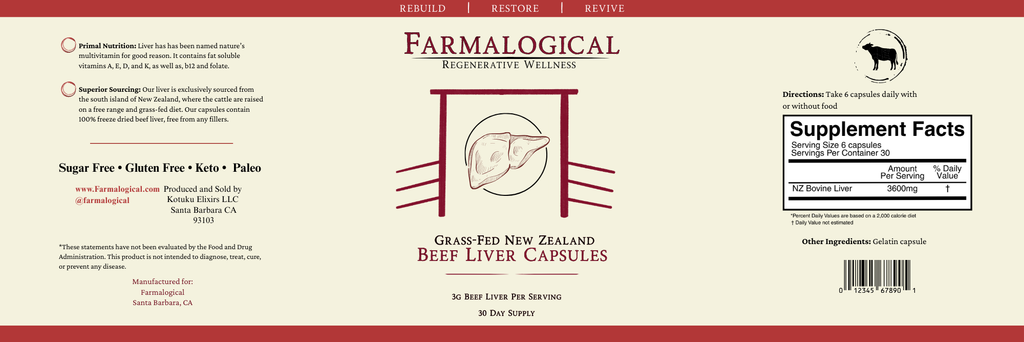 Farmalogical® Beef Liver Capsules - 180 Count label showcases supplement facts, suggested use, benefits, contact details, a cow icon, and the wording “Grass-Fed New Zealand Beef Liver Capsules,” all set on a cream background with red accents.