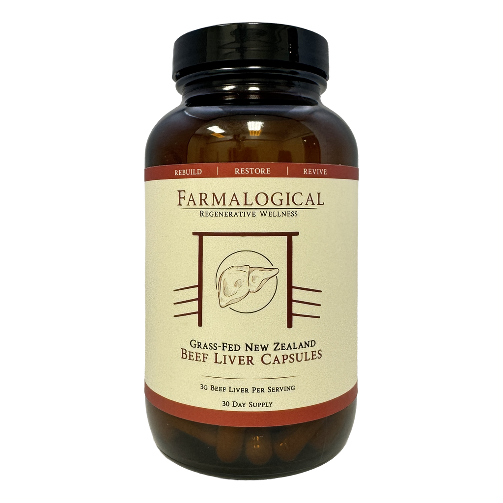 A brown bottle labeled "Farmalogical® Beef Liver Capsules - 180 Count" from Farmalogical, featuring a cow illustration and red accents with the words "Rebuild," "Restore," and "Revive.