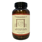 A brown bottle labeled "Farmalogical® Beef Liver Capsules - 180 Count" from Farmalogical, featuring a cow illustration and red accents with the words "Rebuild," "Restore," and "Revive.