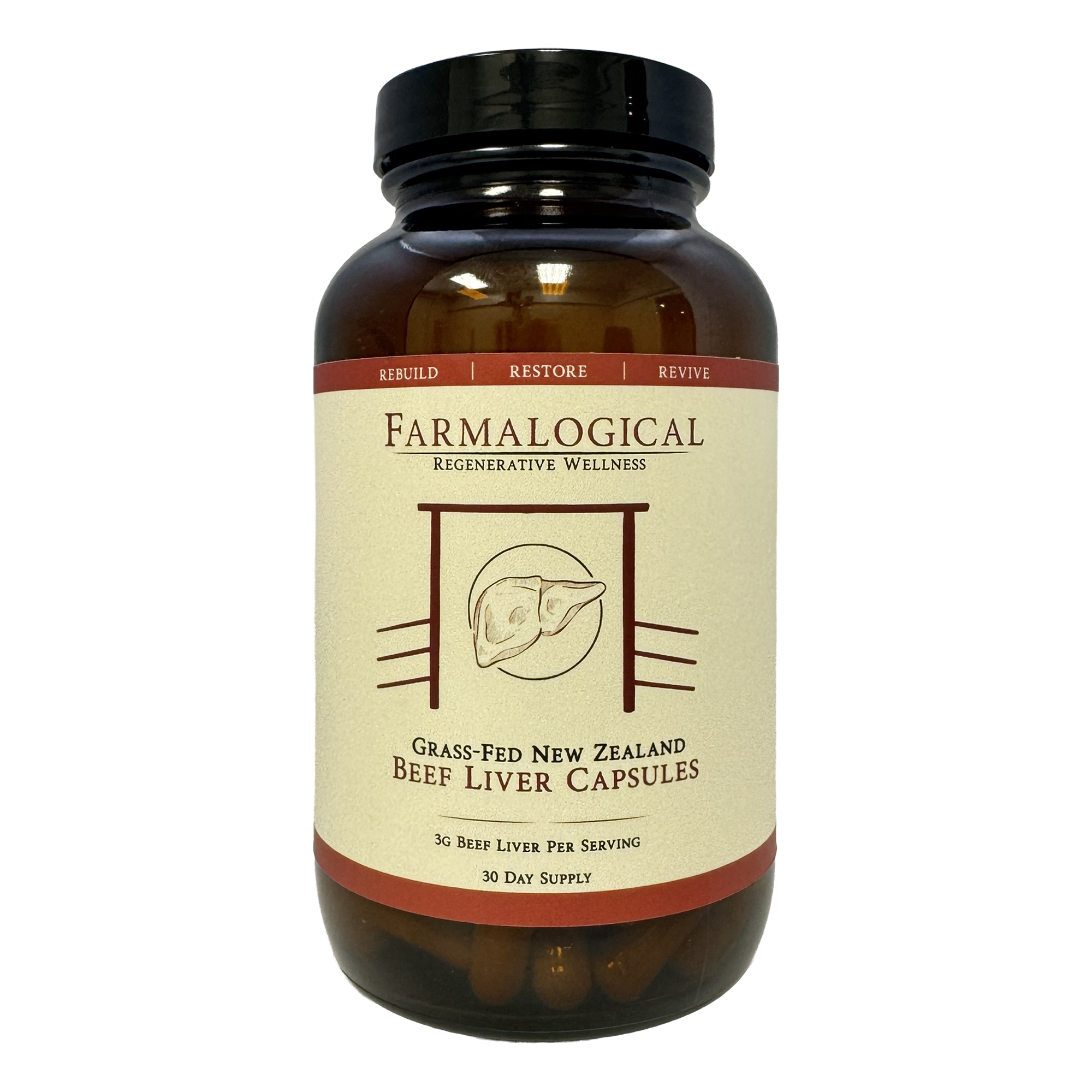 A brown bottle labeled "Farmalogical® Beef Liver Capsules - 180 Count" from Farmalogical, featuring a cow illustration and red accents with the words "Rebuild," "Restore," and "Revive.