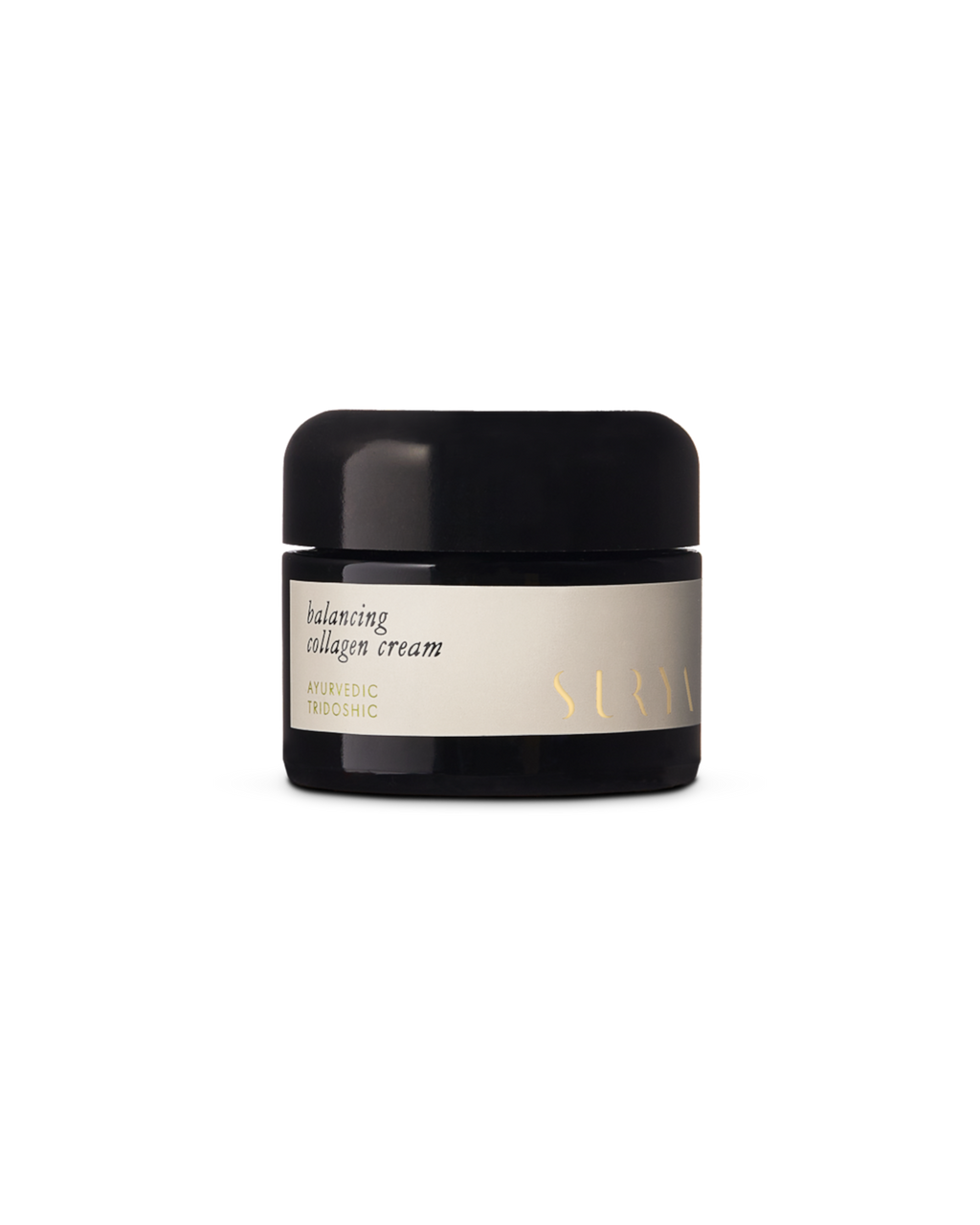 A black jar with a beige label reads "Balancing Collagen Cream" and "Surya." This minimalist natural face cream emphasizes Ayurvedic skincare, shown against a plain white background.