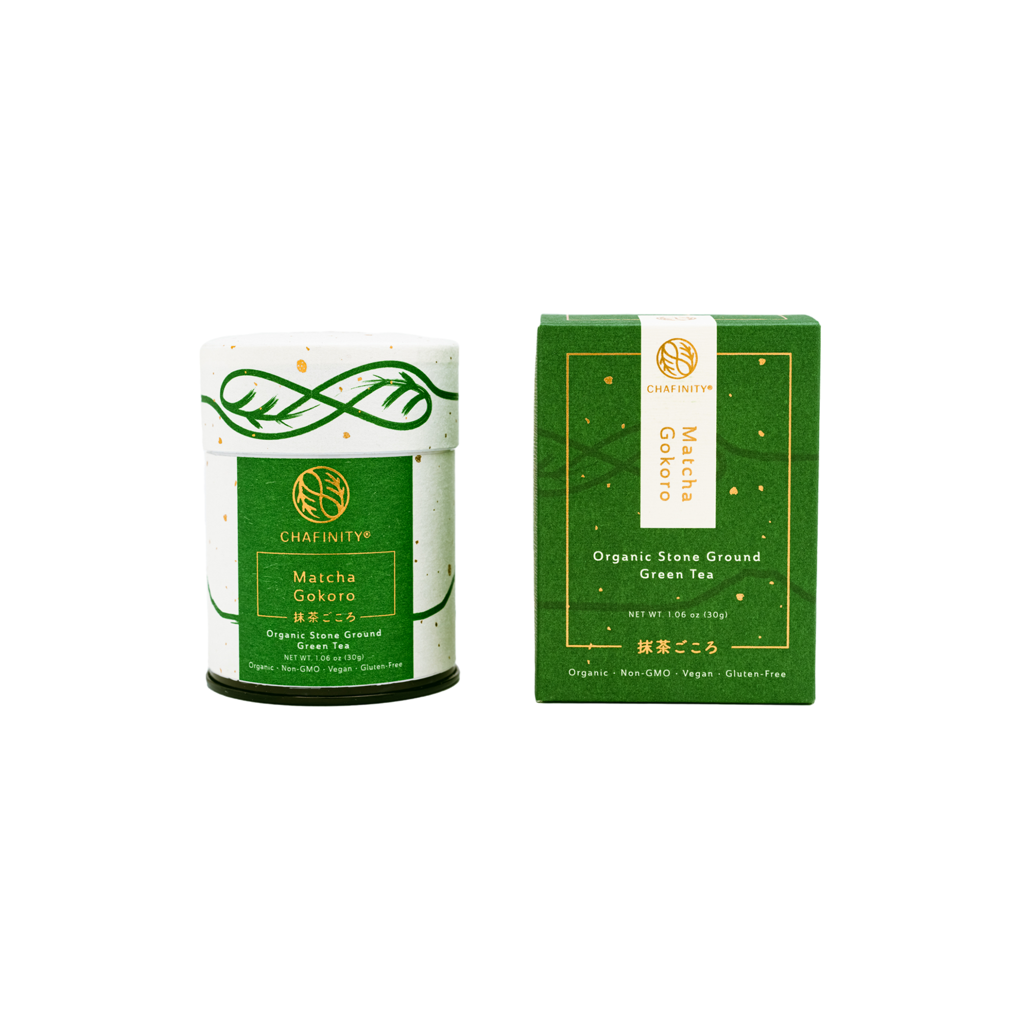 The image features a green cylindrical tin container of Chafinity Tea's Organic Stone Ground Ceremonial Matcha Gokoro, reminiscent of Japanese tea ceremonies. It is positioned next to its matching green rectangular box packaging, with both products adorned with gold and white text and branding elements.
