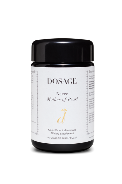 A container labeled "DOSAGE" stands against a white background, prominently featuring the product name "Mother-of-Pearl." The label highlights the main ingredient, Nacre Mother-of-Pearl Extract, renowned for its antioxidant properties and skin moisturization benefits. This dietary supplement contains 90 capsules and is designed with minimalistic graphics and essential text.