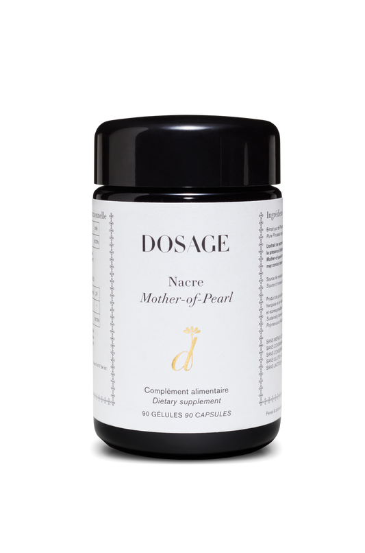 A container labeled "DOSAGE" stands against a white background, prominently featuring the product name "Mother-of-Pearl." The label highlights the main ingredient, Nacre Mother-of-Pearl Extract, renowned for its antioxidant properties and skin moisturization benefits. This dietary supplement contains 90 capsules and is designed with minimalistic graphics and essential text.