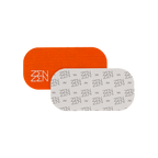 Socal Sunset Mouthtape by Zenzentape features two rectangular patches with rounded edges: one solid orange with a white geometric design, and one white with a gray repeating pattern—resembling mouth tape used to promote nasal breathing during sleep.