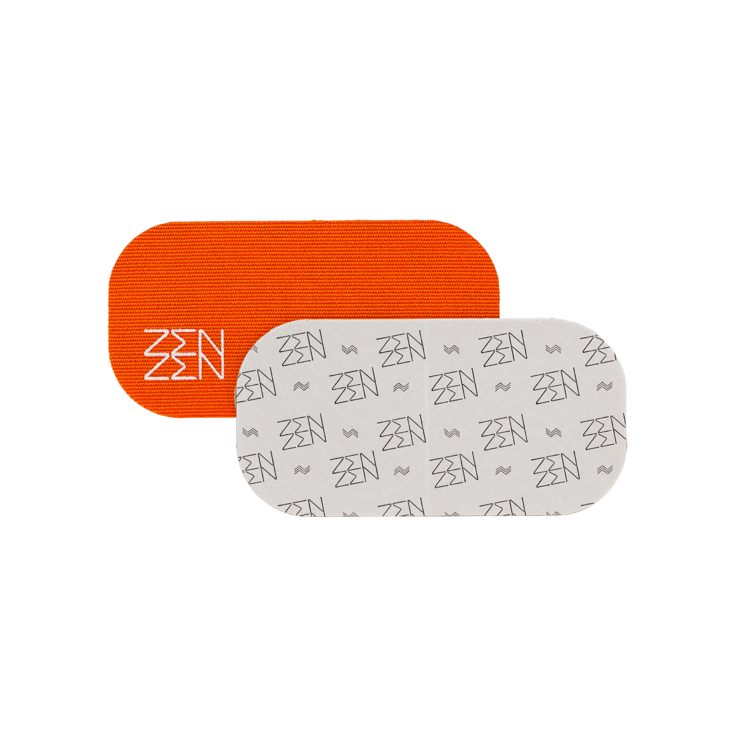 Socal Sunset Mouthtape by Zenzentape features two rectangular patches with rounded edges: one solid orange with a white geometric design, and one white with a gray repeating pattern—resembling mouth tape used to promote nasal breathing during sleep.