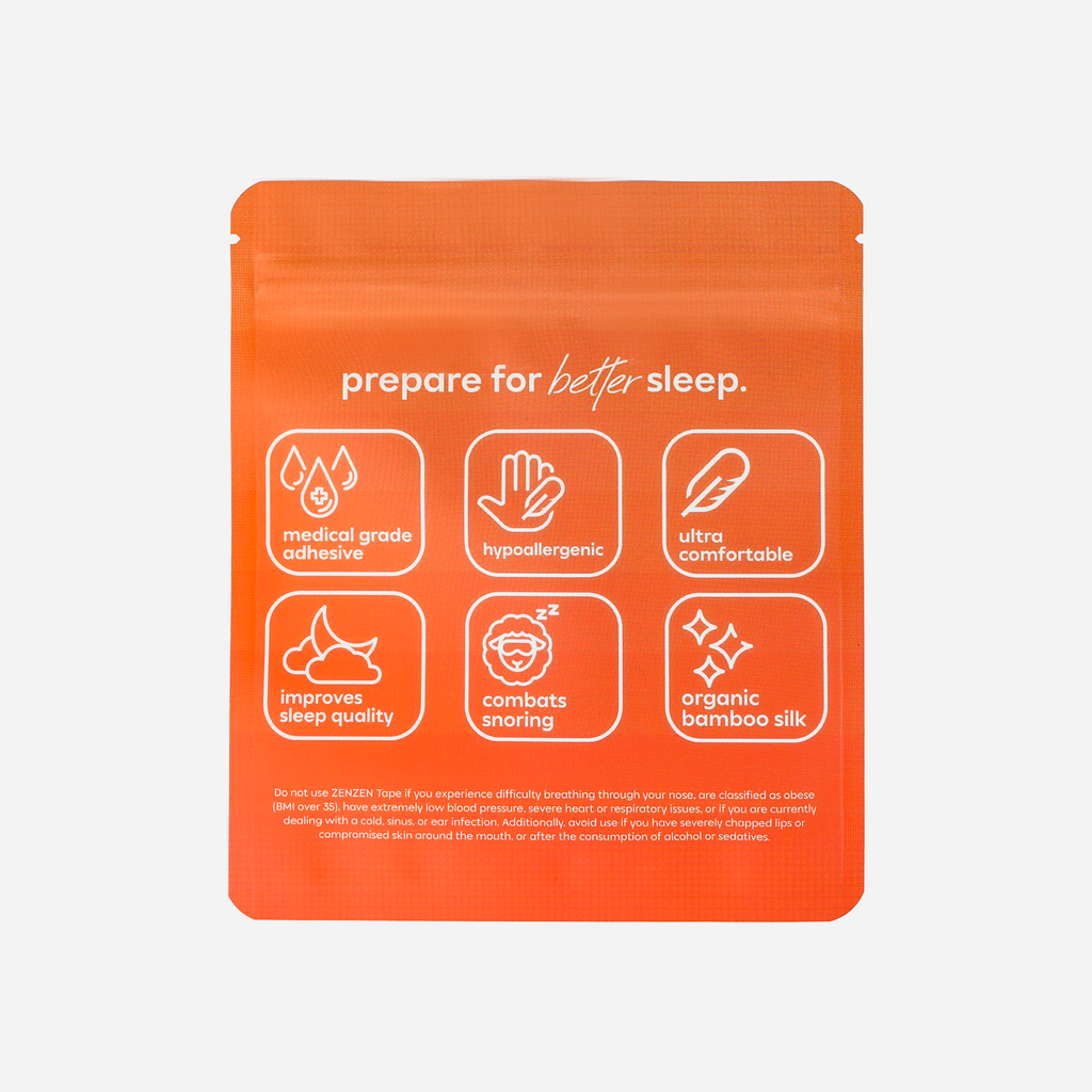 An orange Zenzentape Socal Sunset Mouthtape package labeled "prepare for better sleep" features icons and text highlighting benefits: medical grade adhesive, hypoallergenic, ultra comfortable, sleep support, combats snoring, and organic bamboo silk.