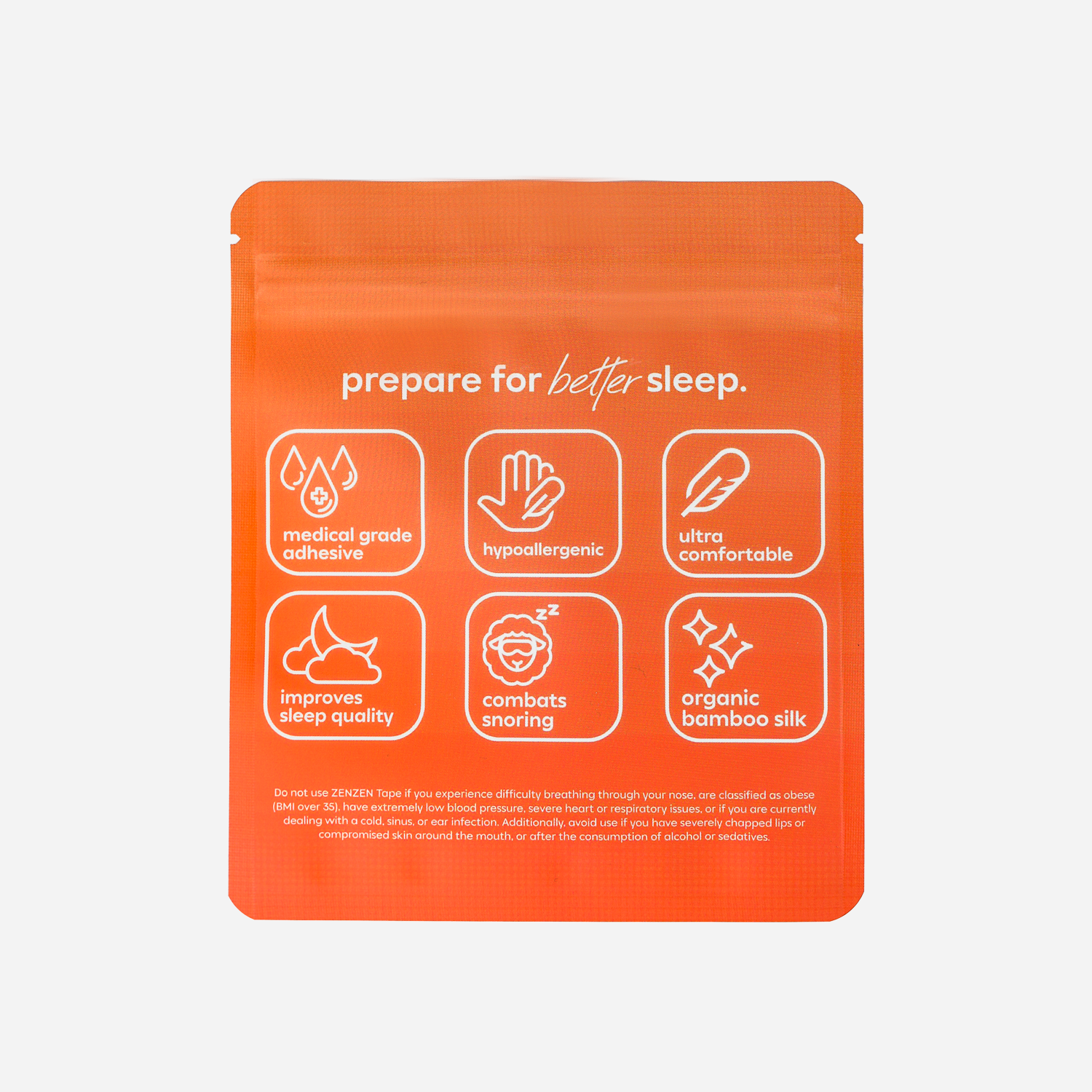 An orange Zenzentape Socal Sunset Mouthtape package labeled "prepare for better sleep" features icons and text highlighting benefits: medical grade adhesive, hypoallergenic, ultra comfortable, sleep support, combats snoring, and organic bamboo silk.